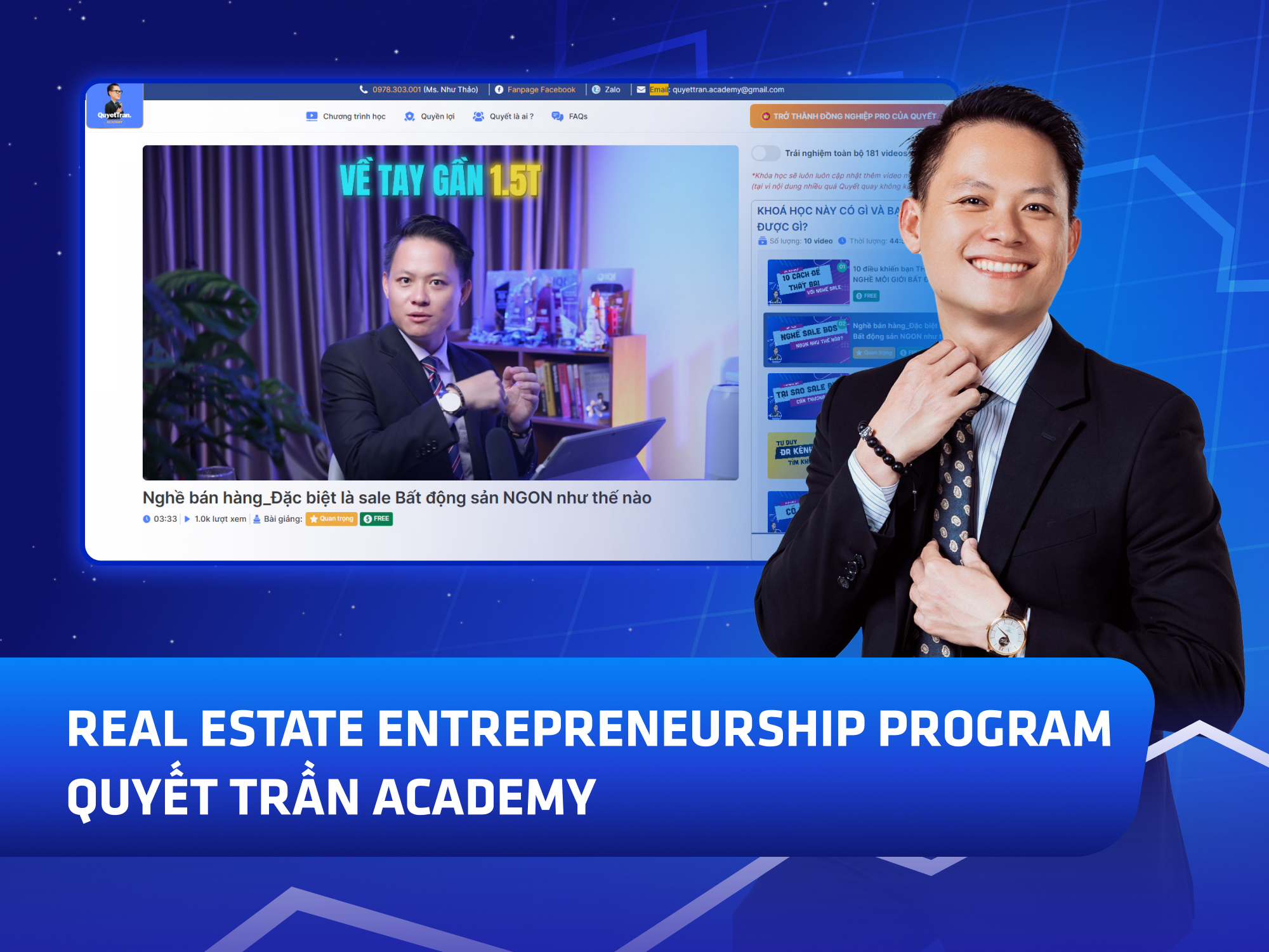 Website khoá học Quyết Trần Academy vận hành trên MONA eLearning